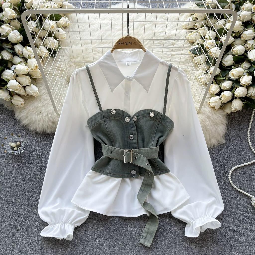 Korean Series Wear Age-Reducing Set Retro Denim Cami Stacked All-Matching Puff Sleeve Shirts Two-piece Set Top