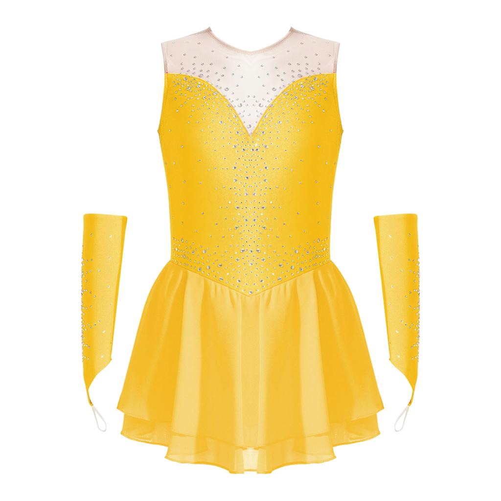 Girls Figure Skating Dress Sleeveless Glittering Rhinestone Keyhole Back with Gloves