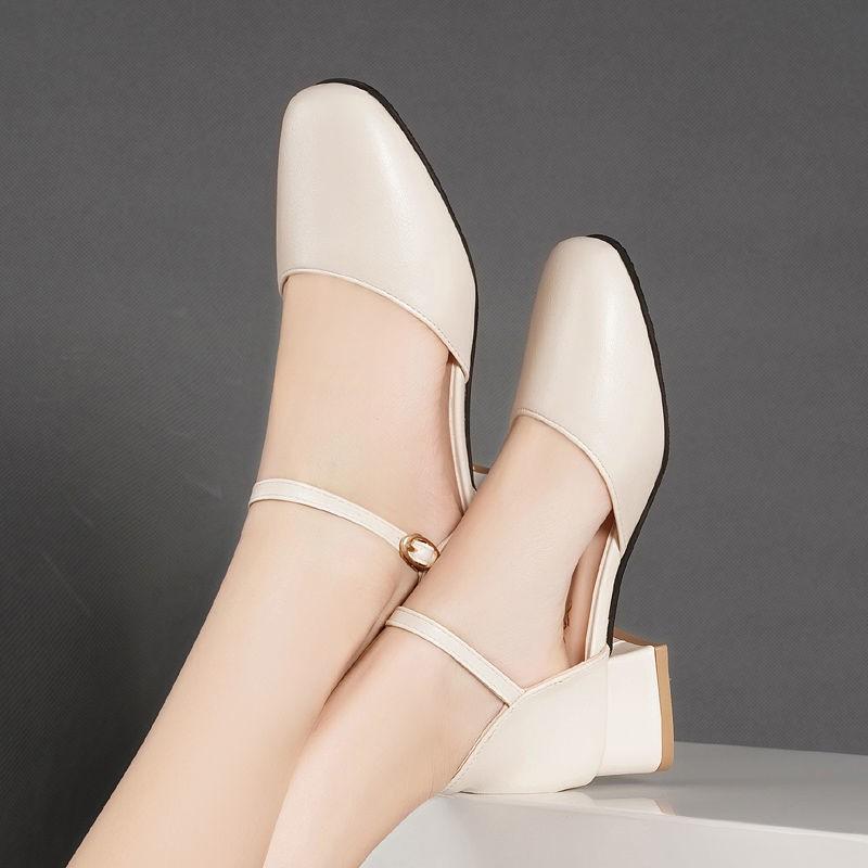 Elegant Low Heel Women's Shoes Casual Solid Color Pumps Baotou Ankle Buckle Sandals Work Shoes Pu Leather Chunky Heels Women
