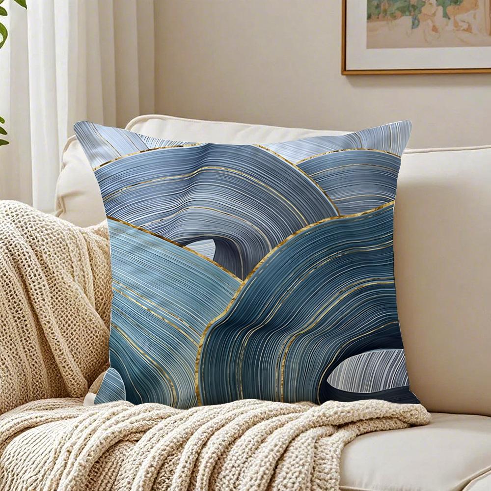Blue Gold Wave-Shaped Pattern Pillow Case Double-Sided Plush Sofa Cushion Covers Organic Breathable Invisible Zipper