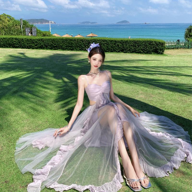 Платье holiday style 1011 весенняя новая модель топ-труба длинное платье фиолетовая сетчатая юбка