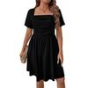 Summer Casual Short Sleeve Dresses Fold Design Solid Color Dress Women's Square Neck Black Dress Loose High Waist Dress Commuter Fashion Dresses