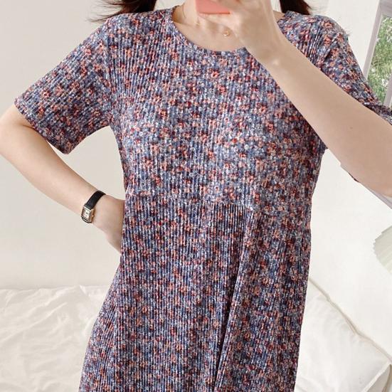 Summer Women Dress Small Flower Print Crew Neck Loose Short Sleeves Pleated Mid-calf Length Pullover Shopping Midi Dress