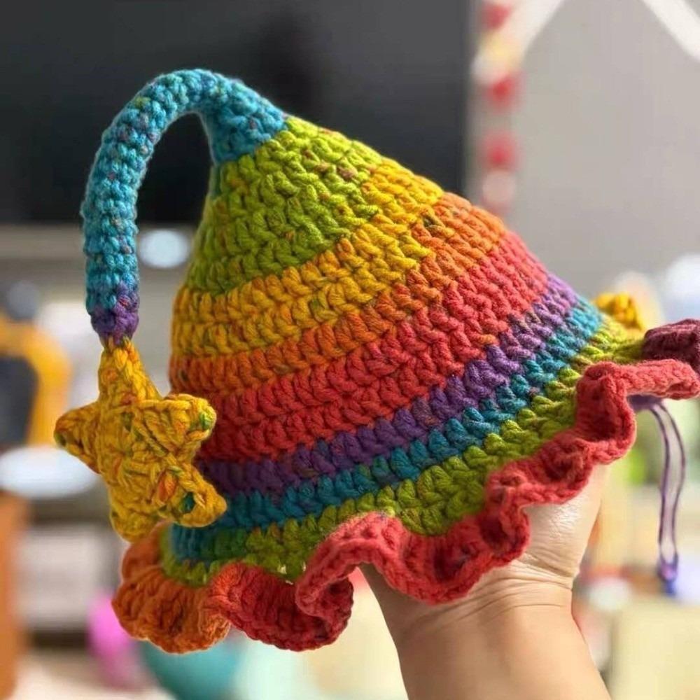 Hand-Crocheted Knitted Elf Hat Star Design Wizard Hat Cute Fairy Hat for Adult and Children