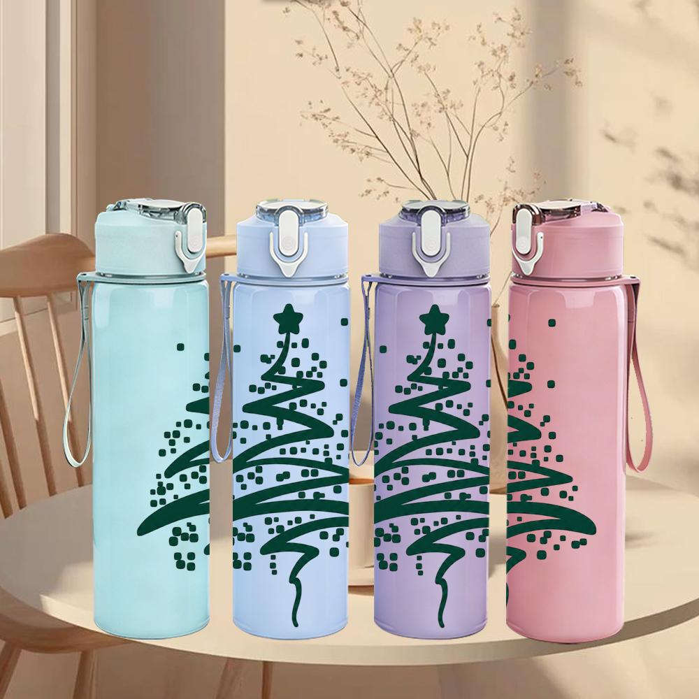 1PC Minimal Christmas Tree 750ml Color Plastic Sports Water Bottle Leakproof Flip Straw Lid Suitable for Sports Office Home Use