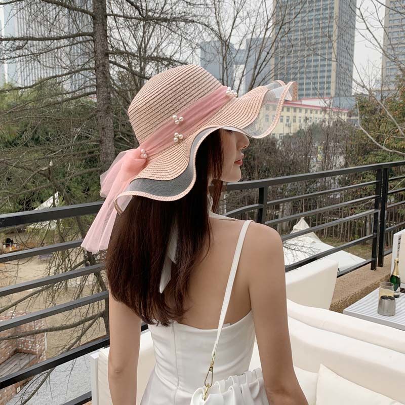 Straw Hat Women's Summer Women's Big Brim Hat Korean Version Versatile Pearl Casual Sunscreen Beach Hat