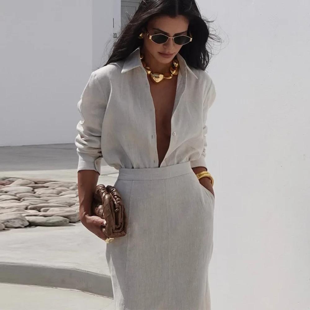 Элегантный наряд женский лацкан однобортная рубашка с длинным рукавом+юбка-полусолнце с завышенной талией и облегающего кроя женский комплект из двух предметов