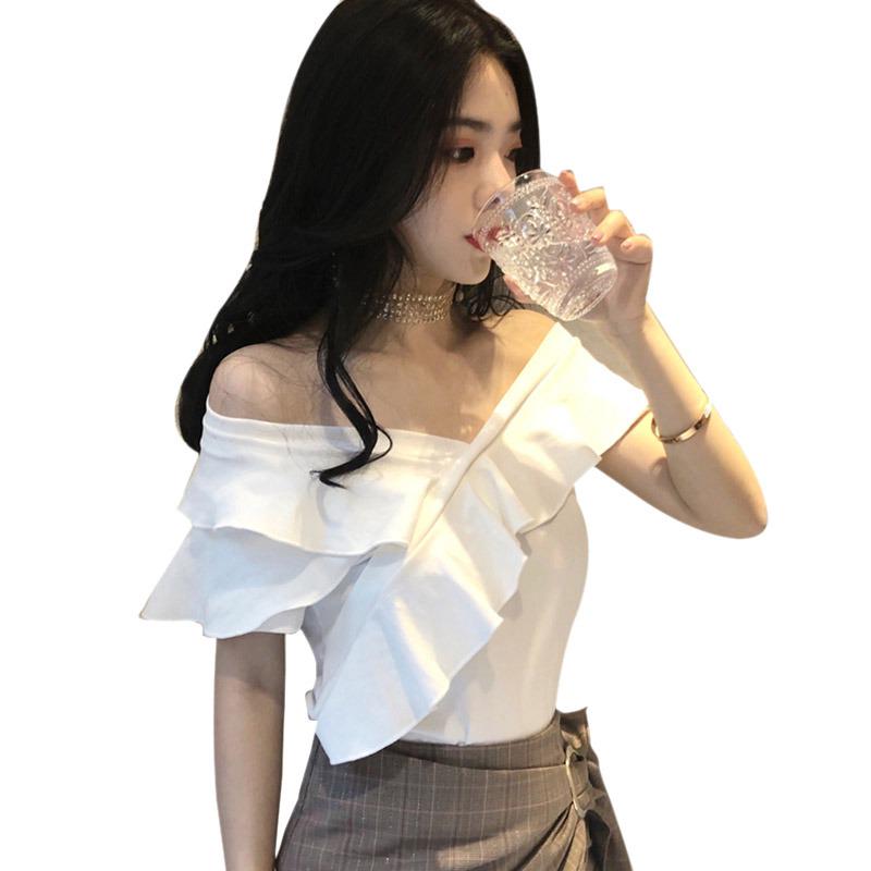 Women's Slash Neck Solid Short Sleeve Slim Ruffles T-Shirt