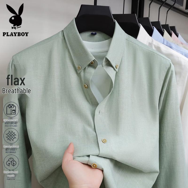 PLAYBOY Мужская дышащая рубашка из смесовой хлопково-льняной ткани
