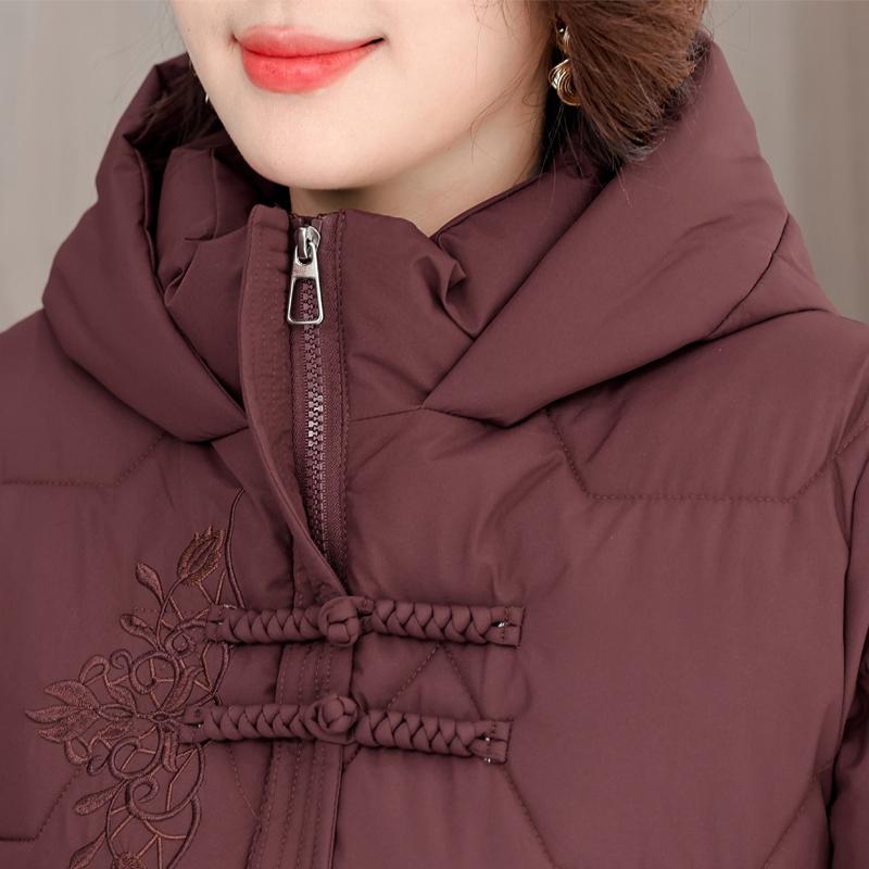 Женские зимние куртки среднего возраста с капюшоном, вышивкой, повседневная теплая парка, женское теплое пальто