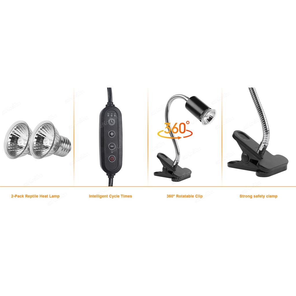 Reptile Insulated Lamp with Fixing Clip 50W UVA UVB Bulb Feeding Box Timeable Heat Lamp for Lizard Supplies Turtle Accessories