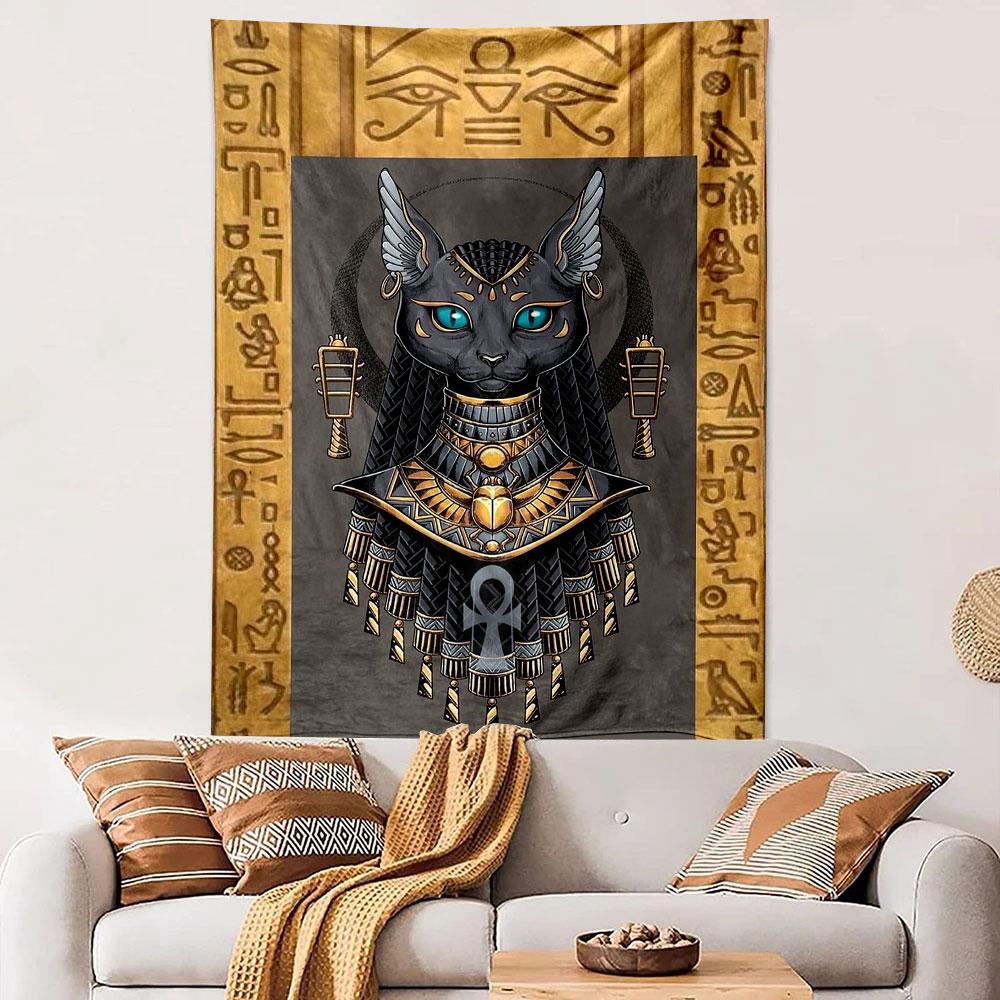 "Egyptian Cat Goddess with Ankh Symbol" Patterned tapestry home decor, suitable for bedroom and living room, gift