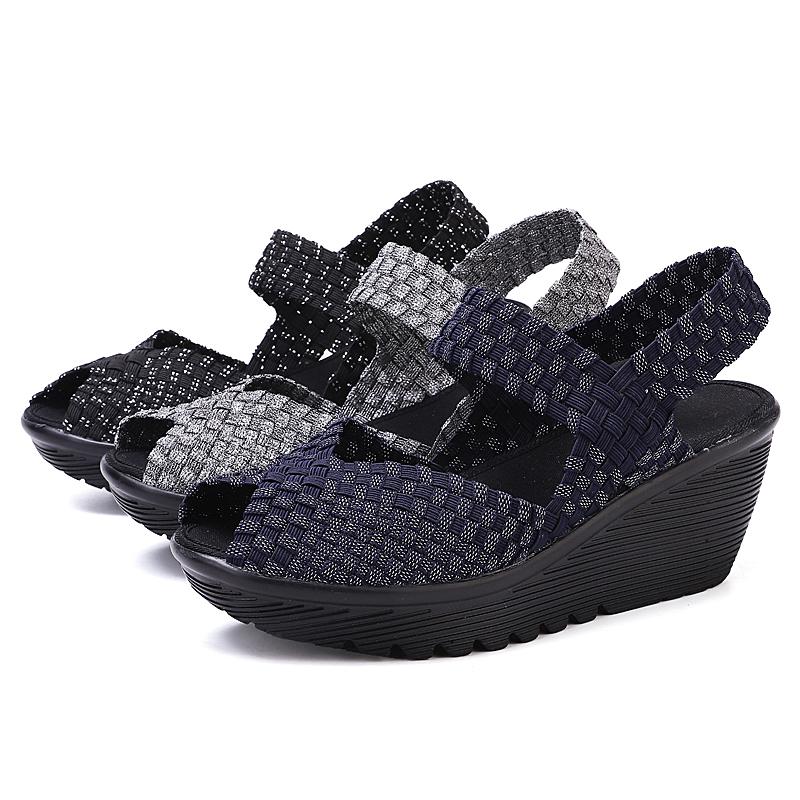 Женские летние сандалии на танкетке, увеличивающие рост, плетеные, пляжные, женские сандалии на танкетке, серые, на платформе, с открытым носком