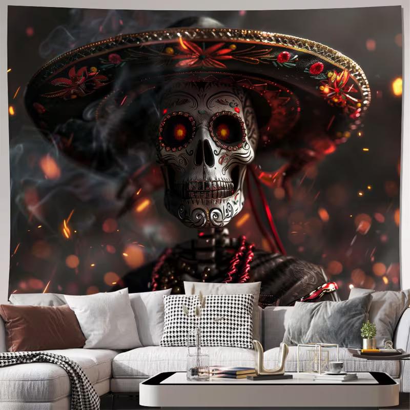 2D Dia de los Muertos Tapestry, Mexican Sugar Skull & Bokeh Lights Wall Art for Home Decor