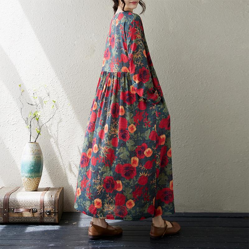 DIMANAF Большой размер Новое женское платье Цветочное Хлопковое Осенний стиль Праздничное Платье с принтом Леди Винтажное Свободное Повседневное Макси-платье 2024