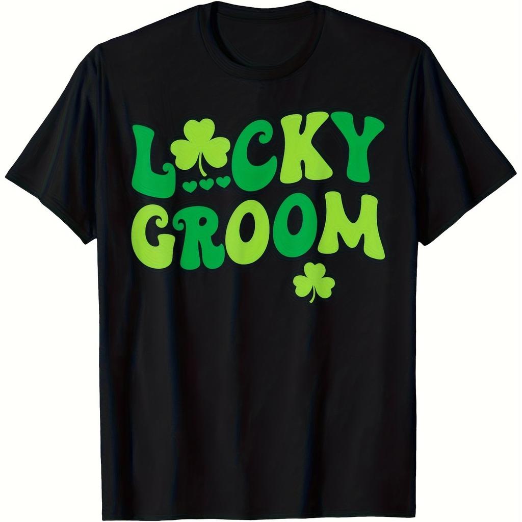 Lucky Groom St Patrick Day Graphic Tee Men's Casual Short Sleeve Crew Neck Cotton T-Shirt