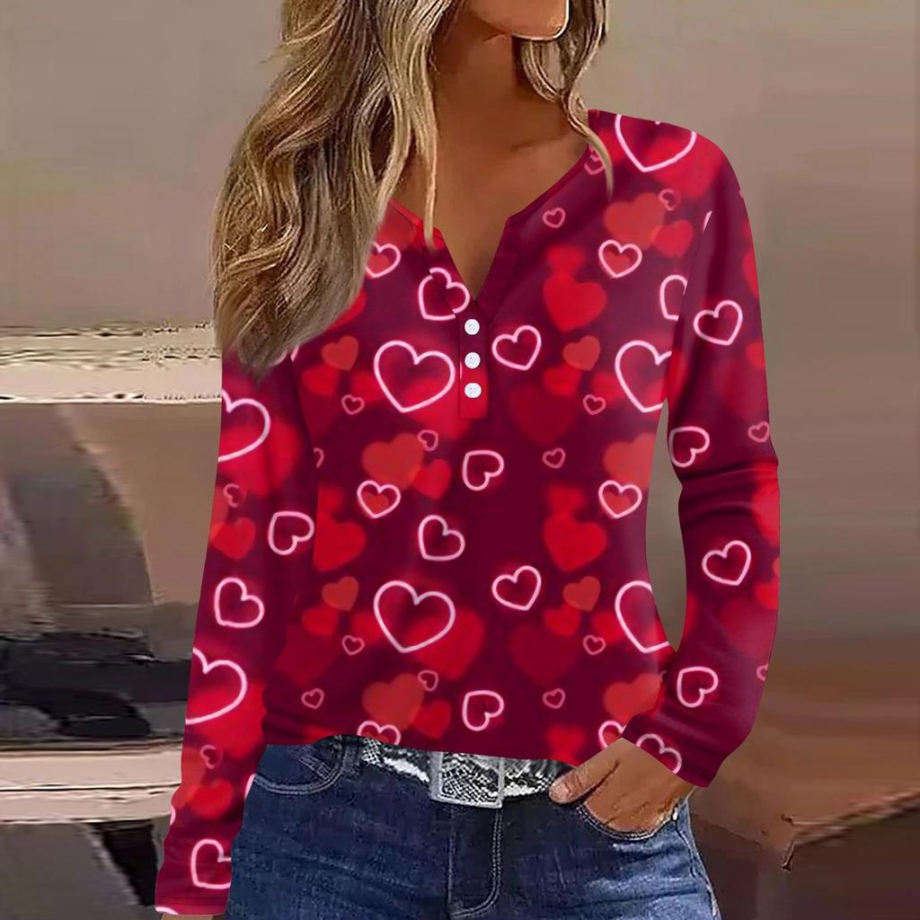 Женская футболка с принтом ко Дню святого Валентина, туника с длинным рукавом и пуговицами, повседневная мода на выходные, базовый топ с V-образным вырезом