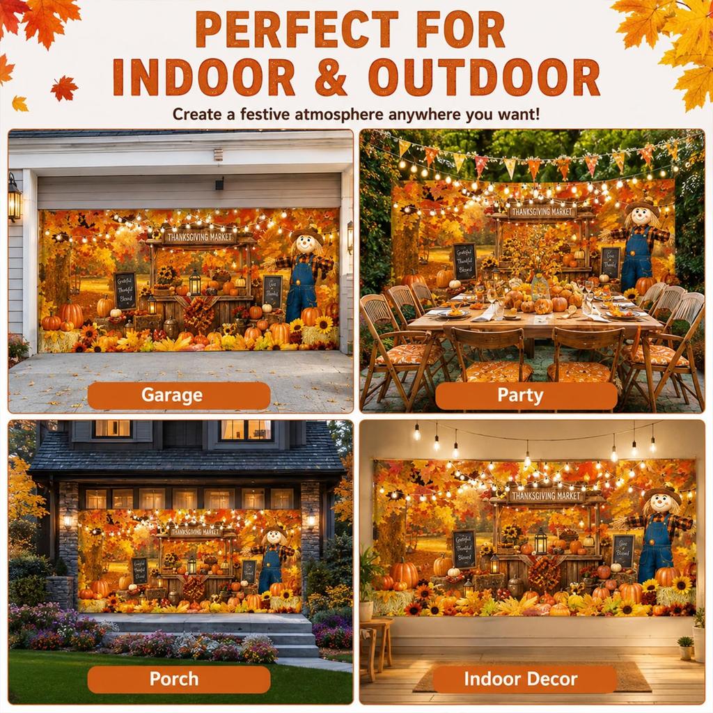 Fall Garage Door Cover 16 x 7 ft Thanksgiving Scarecrow Pumpkin
