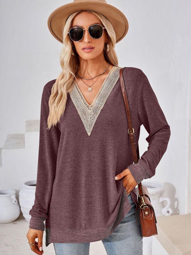Элегантная и классическая универсальная и удобная осенне-зимняя свободная однотонная футболка с V-образным вырезом и кружевом, женская футболка с длинным рукавом