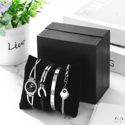 Women's Cute Stainless Steel Bangle Watch: Silver Infinity Symbol Heart Bracelet, Waterproof Quartz Movement, 4-Piece Set - Perfect Christmas or Valen