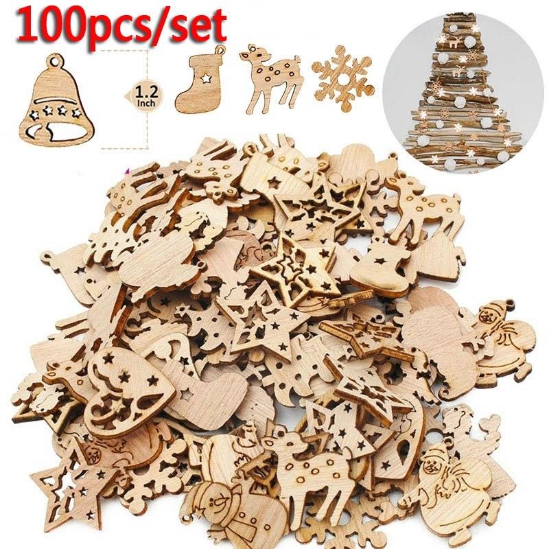 100Pcs/Set Christmas Decorations Environmental Protection Natural Retro Color Cartoon Wood Chips