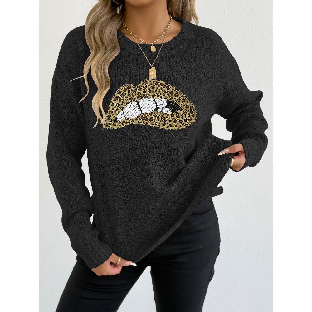 A Leopard Print Embroidered Sequined Lip Personalized Round-neck Pullover Sweater for Women