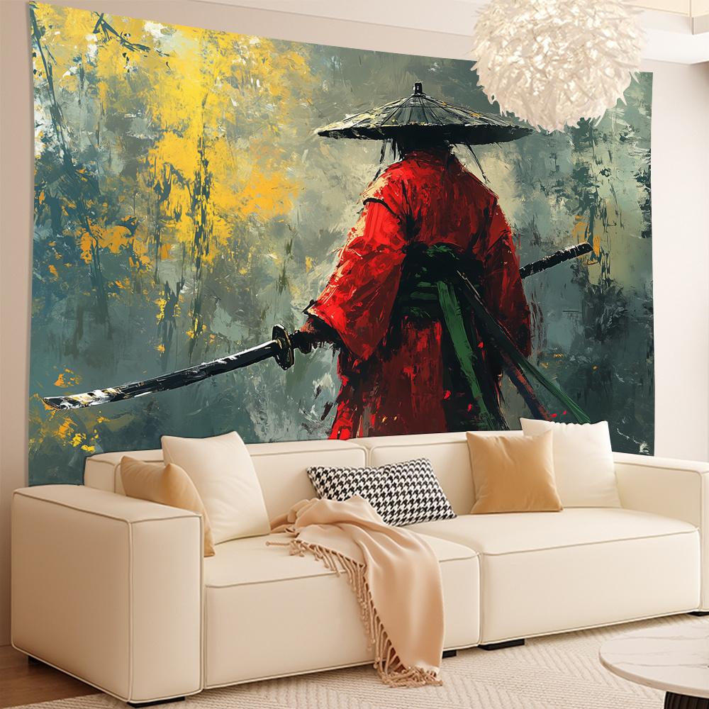 1pc red samurai warrior tapestry, 3D wall hanging retro style living room bedroom office, perfect gift for party decoration