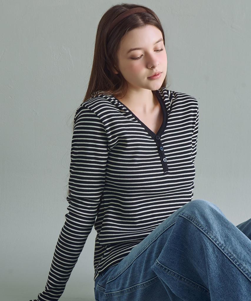 SLOWLOLLI Striped Button Hoodie Slim T-Shirt_2 Colors