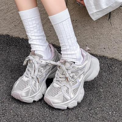 Весенне-летние дышащие кроссовки-папы из сетки 2025 новый модный тренд жареная улица толстая подошва увеличивающие рост повседневные универсальные спортивные туфли