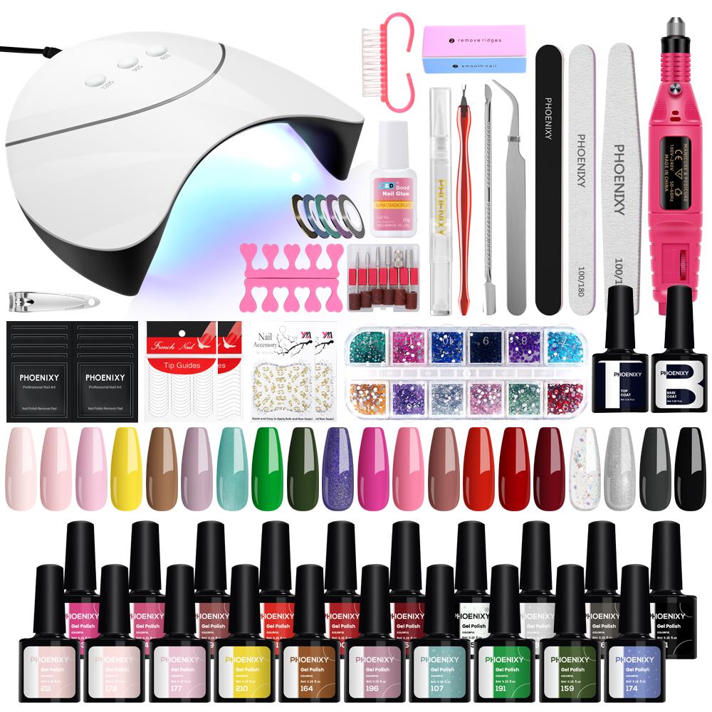 PHOENIXY, 20 цветов, набор гель-лаков для ногтей с лампой для ногтей 36 Вт и инструментами для ногтей, полный маникюрный набор для дизайна ногтей