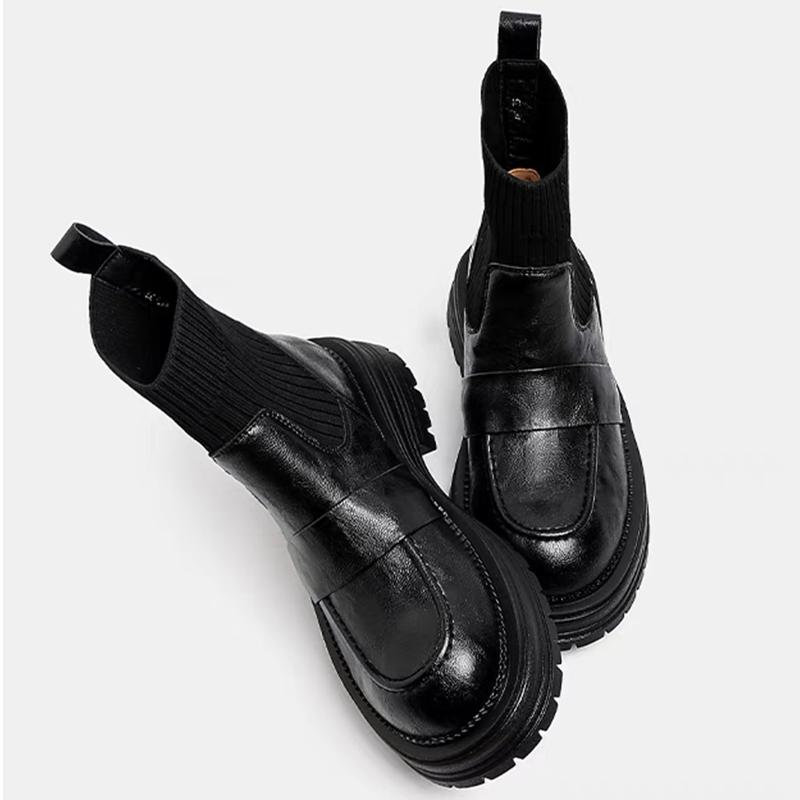 Women Leather Ankle Boots Knitting Flats Shoes Woman 2025 Trend Fashion Winter Dress Cozy Walking Warm Snow Boots Mujer Botas