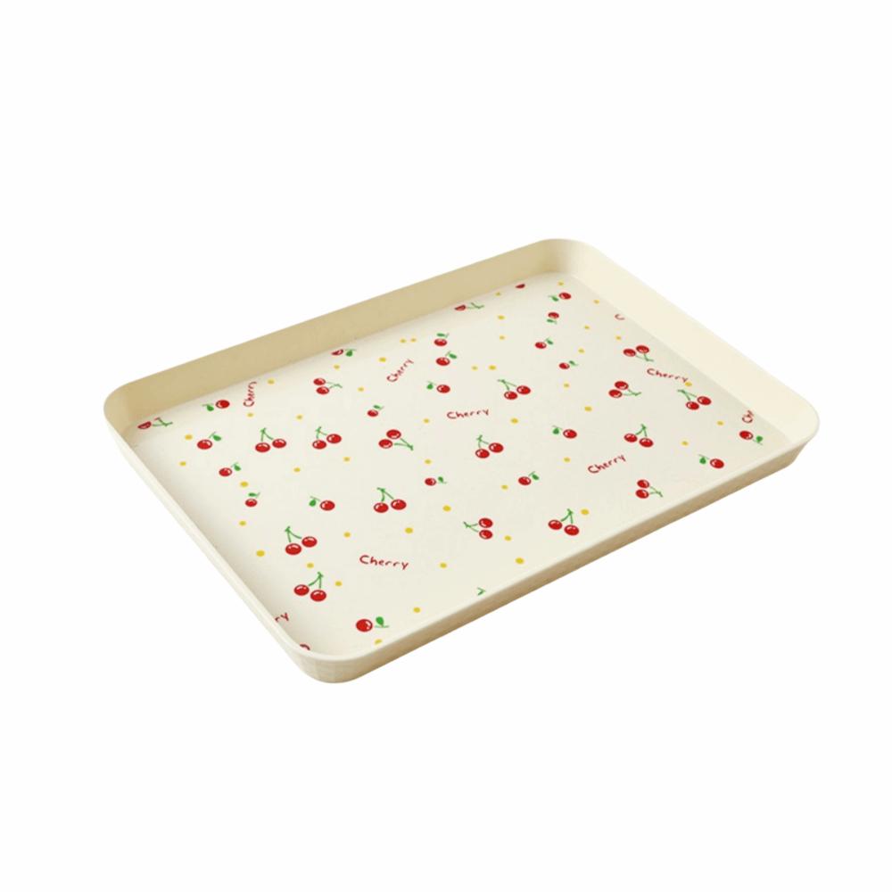 Cherry Pattern Rectangular Storage Tray Stackable Lightweight Plastic Dessert Tray Durable Anti-Slip Serving Tray