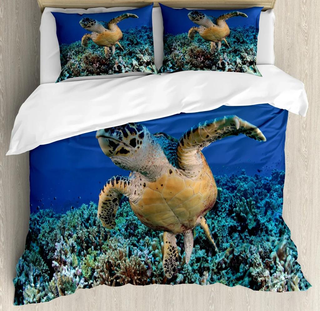 Пододеяльник с изображением морской черепахи, комплект постельного белья King Size Shark, комплект постельного белья с изображением морских животных, чехол из полиэстера с принтом черепахи и коралла