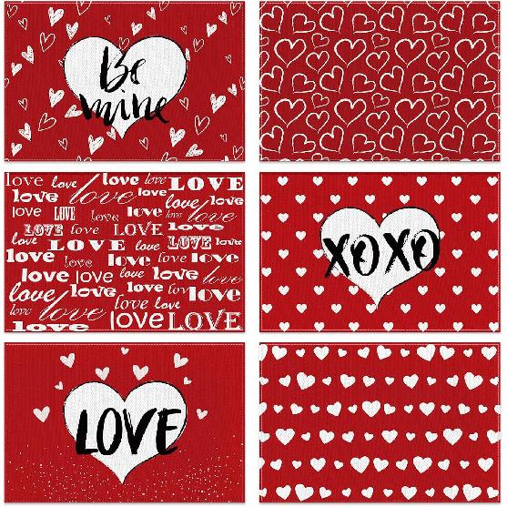 Red Love Valentine's Day Placemats Set of 6, Love Heart Seasonal Farmhouse 12 x 18 Inch Anniversary Wedding Holiday Table Mats for Dining Table Party