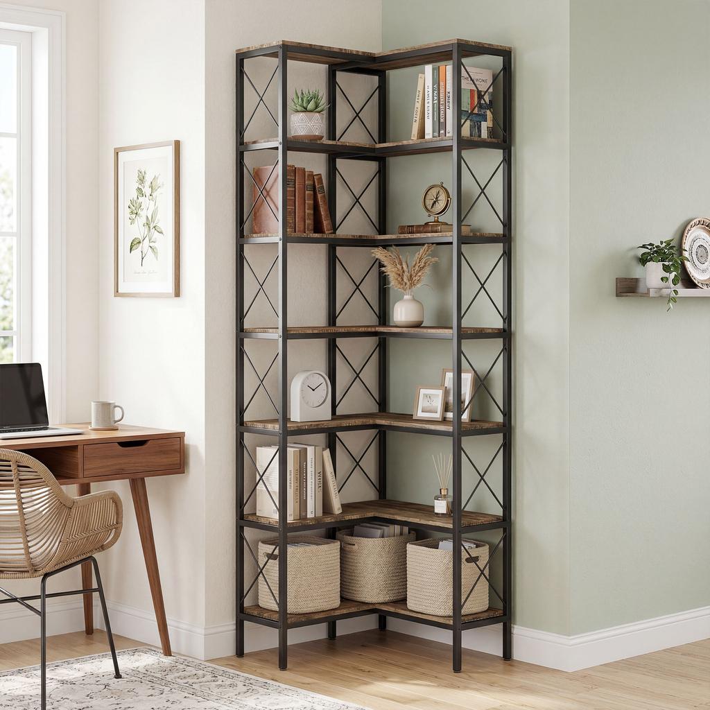 6-Tier L-Shaped Bookshelf, Freestanding Corner Bookcase with Metal Frame, Rustic Brown