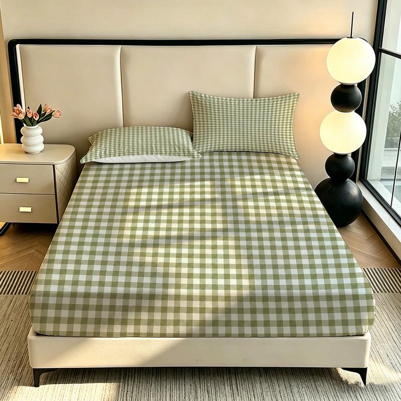 3PCS avocado green small checkered bedding set fitted sheet without a core, soft bedroom bedding decoration