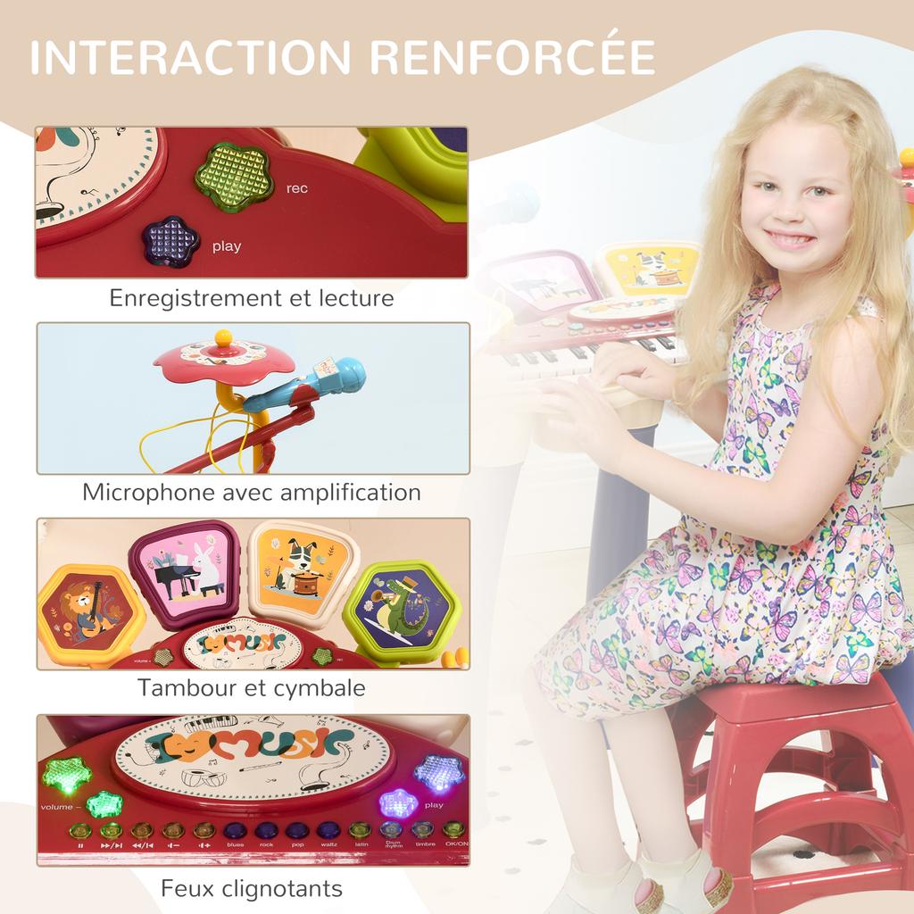 2-in-1 Kids Music Set Piano and Electronic Drums with Microphone and Stool