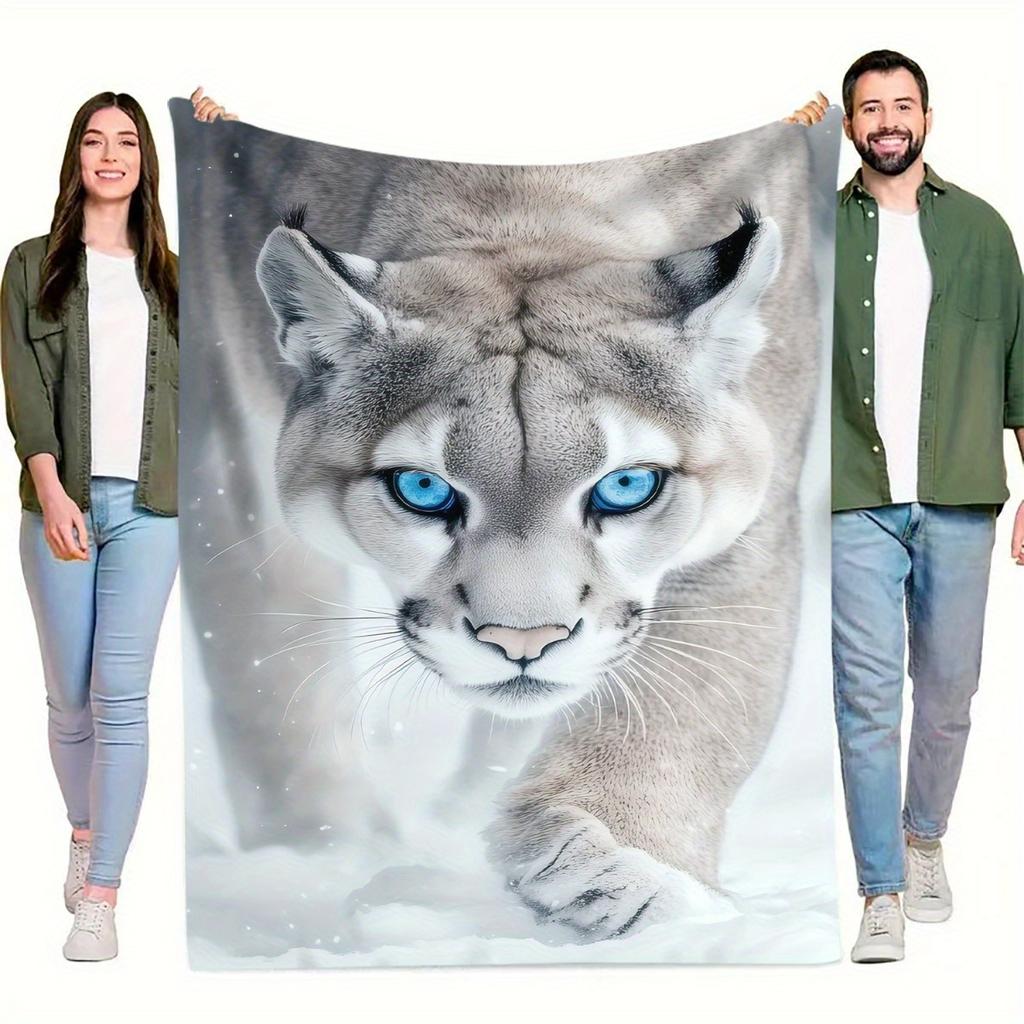 1pc Snow Leopard Blue Eyes Throw Blanket - Realistic Wildlife design with Snow Leopard Headshot, Soft Flannel All-Season Blanket