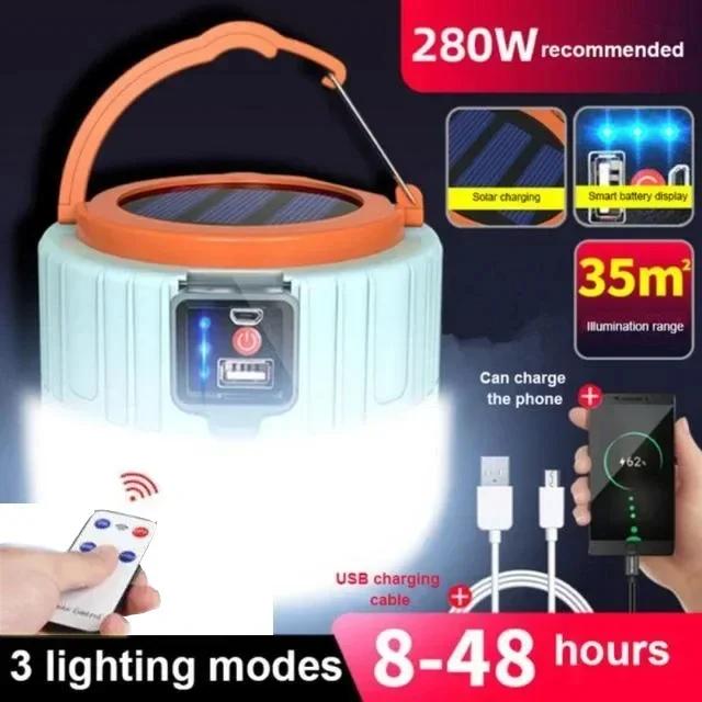 Solar Camping Light Power Bank LED Camping Lanterns 3 Gears Remote Control Waterproof Outdoor Tent Light Rechargeable Flashlight