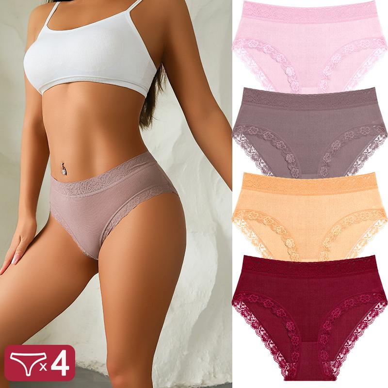 4Pcs Lace Plus Size Underwears Women's Sexy Panties High Quality Striped Briefs Girls Solid Sports Comfortable Lingerie