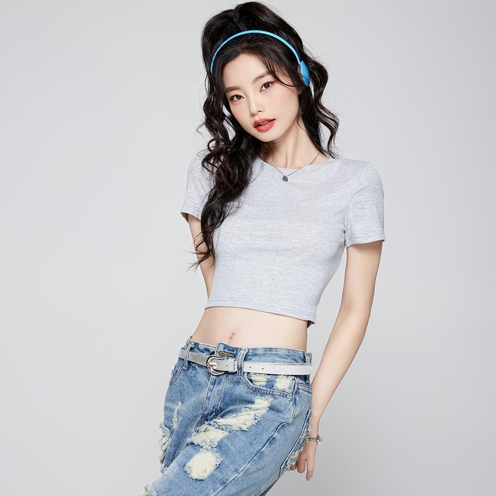 Street style short T-shirt for women: summer versatile slim fit, exposed belly button sports hot girl top