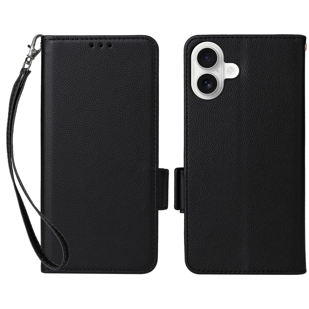 For iPhone 16 Plus Case with Wrist Strap Litchi Texture PU Leather Wallet Phone Cover