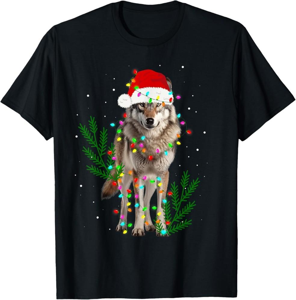 Wolf Santa Hat Christmas Lights Wolf Lover Animal Xmas T-Shirt