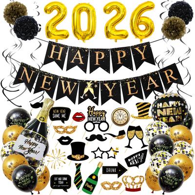 2026 Тематическая вечеринка на Новый год Украшение Флаг на Новый год Реквизит для фото на Новый год Набор бумажных цветов и воздушных шаров