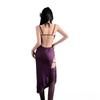 Lace Suspender Long Dress Sexy Purple Lingerie Uniform - Slim Fit High Slit Erotic Nightgown for Women