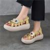 Johnature Retro Genuine Leather Flower Flat Platform Sandals Versatile Soft Soled Women's Shoes