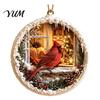 Acrylic Red Bird Pendant Christmas Ornament, Snow Scene Pattern Xmas Tree Pendants Hanging Decor, Retro Round for Winter Holiday Party Festive Decor
