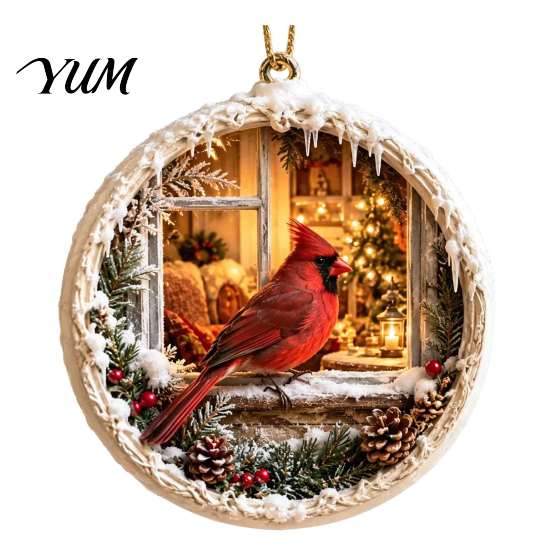 Acrylic Red Bird Pendant Christmas Ornament, Snow Scene Pattern Xmas Tree Pendants Hanging Decor, Retro Round for Winter Holiday Party Festive Decor