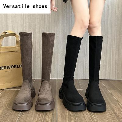 Современные женские сапоги на платформе до колена, модные туфли с круглым носком, осенне-зимние, на толстом каблуке, женские длинные сапоги в стиле рыцаря