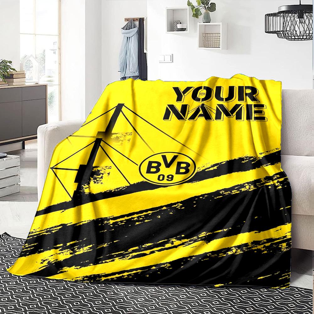 Name Custom Borussia Dortmund Logo Print Flannel Blanket High Quality Warm Comfortable Cover for All Seasons Perfect for Gifts Home Decor